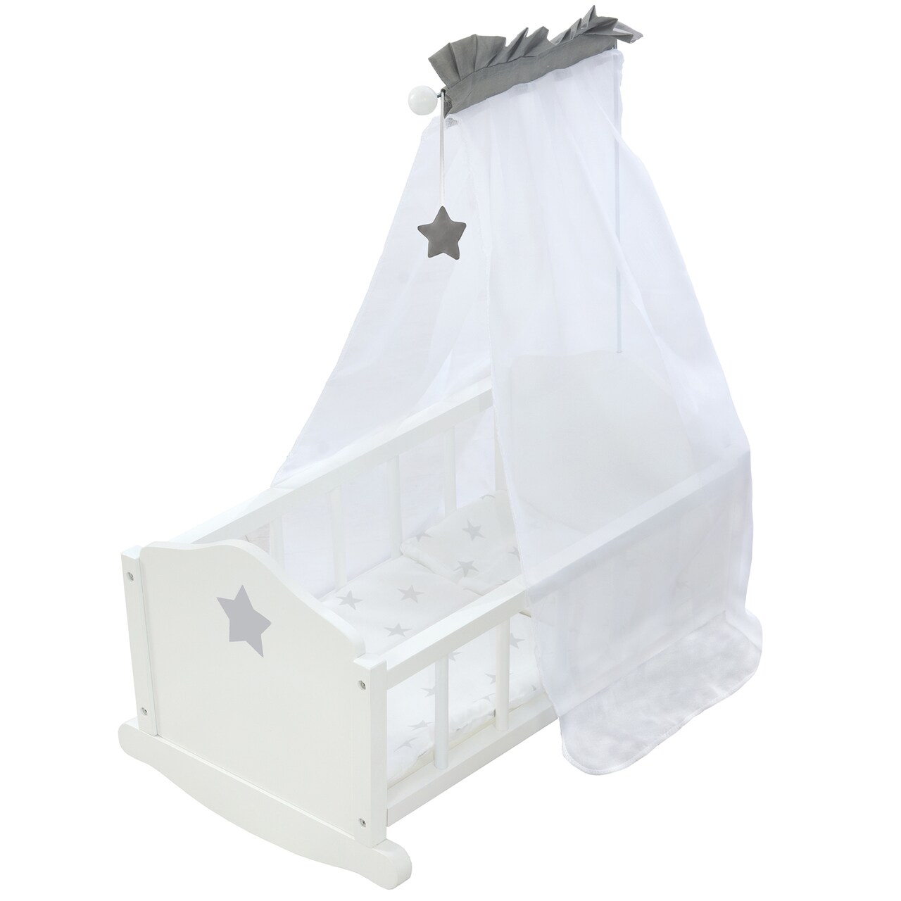 Roba Doll Cradle Set: Stella - Star, Gray & White - Includes Hanging Mobile, Pillow, Blanket & Canopy, Children's Pretend Play, Ages 3+